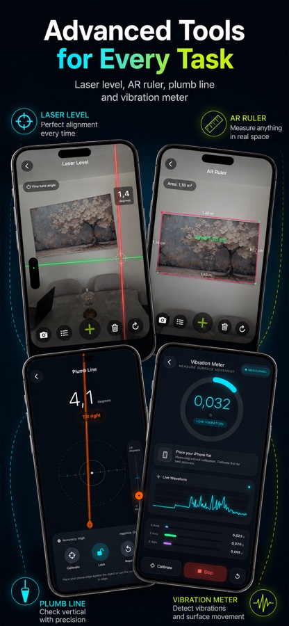 Laser level, AR ruler, plumb line, and vibration meter screens