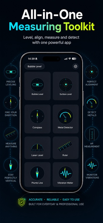 Bubble Level Pro all-in-one measuring toolkit screen
