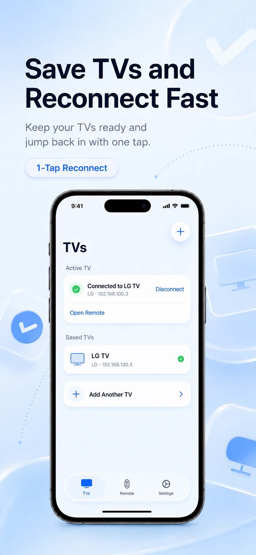 GuruRemote saved TV and automatic reconnection screen
