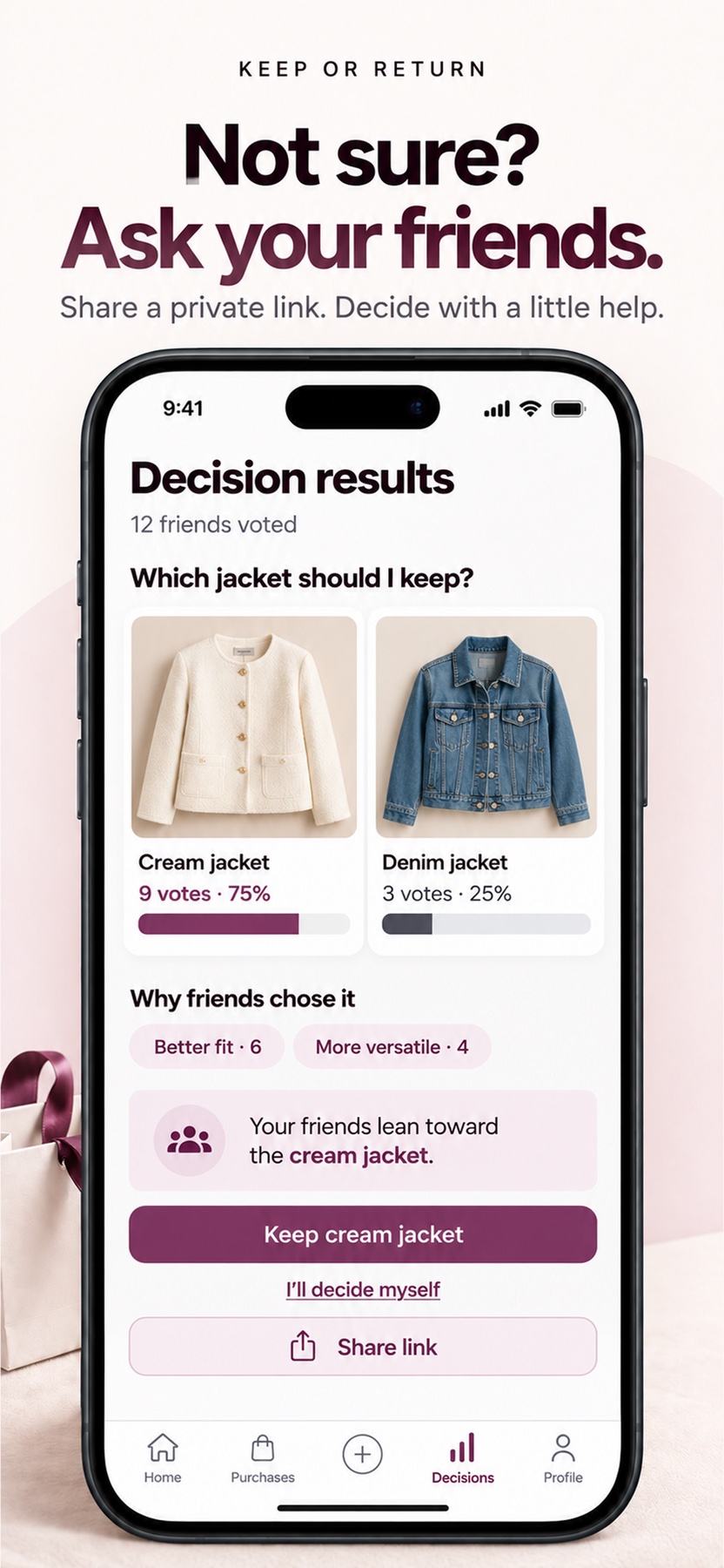 A private vote comparing a cream jacket and a denim jacket, with friends' votes and reasons