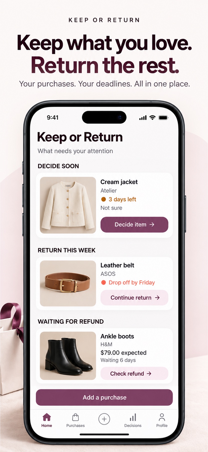 Keep or Return showing purchases to decide on, items to return, and refunds to check