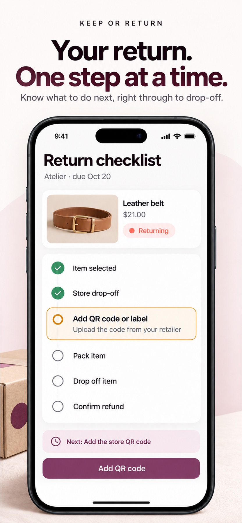 Return workflow preview showing a selected item and the steps through drop-off and refund confirmation