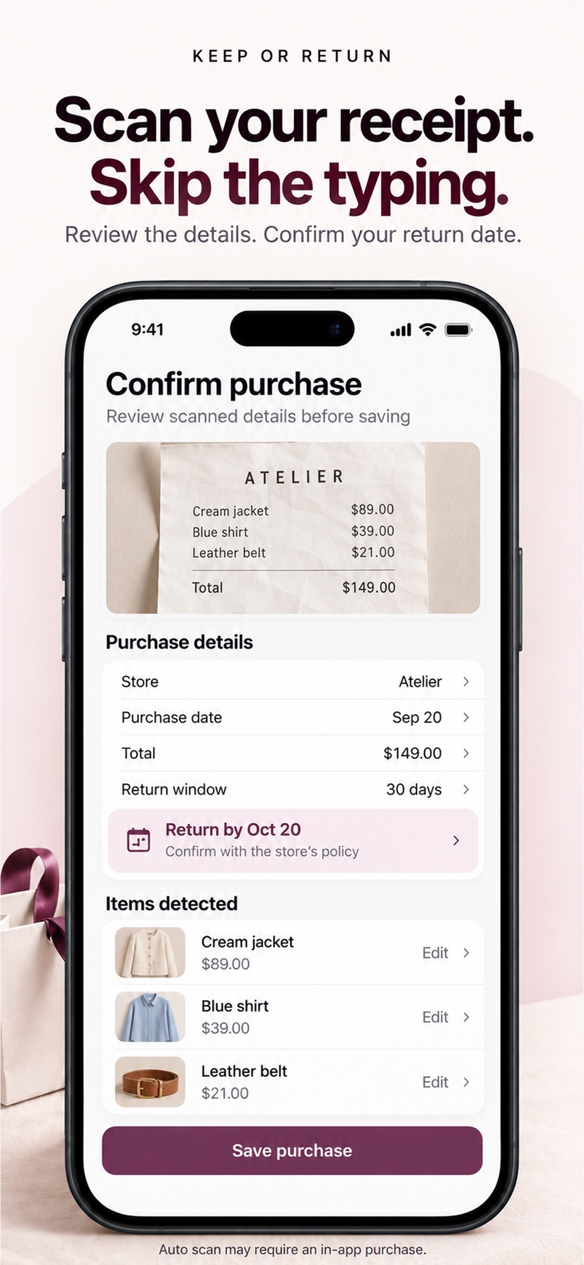 Receipt scanning preview with detected purchase details and an editable return deadline