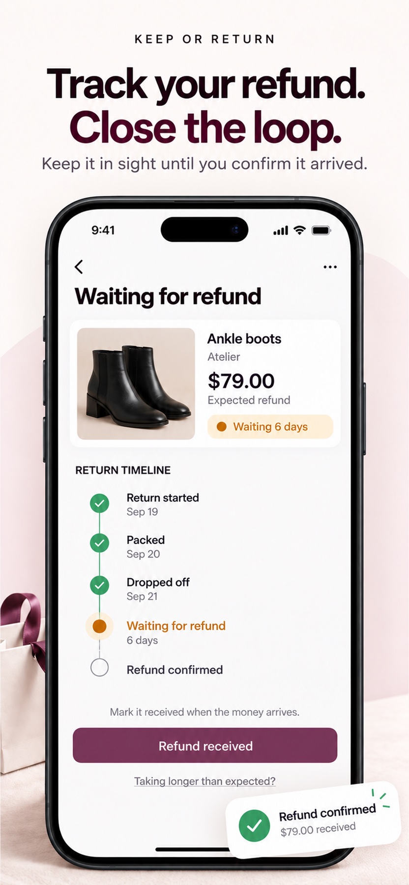 Refund tracking preview showing an expected refund, a return timeline, and manual refund confirmation