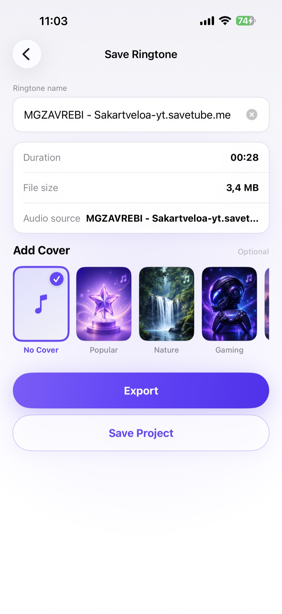 Saving and exporting a ringtone in Ringora