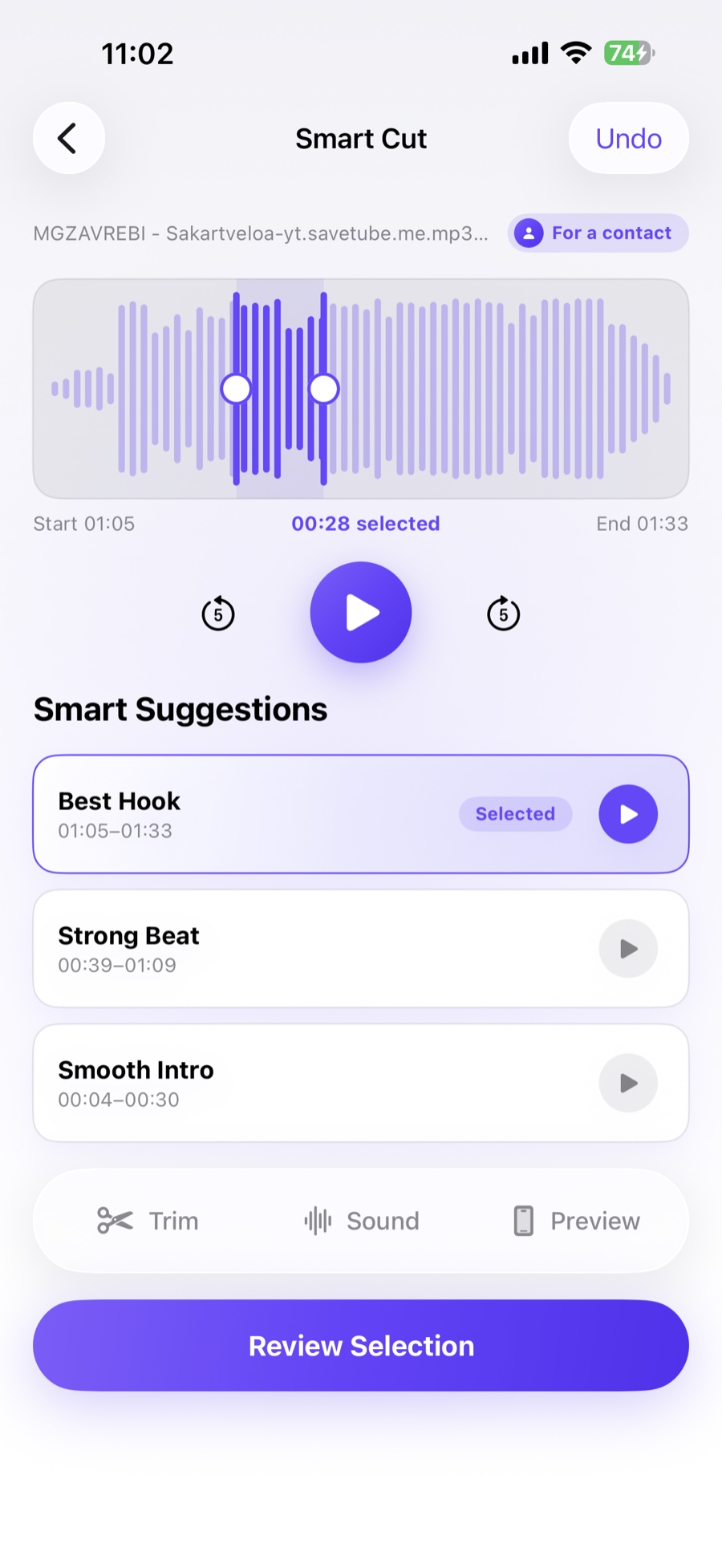 Ringora Smart Cut choosing a memorable ringtone section