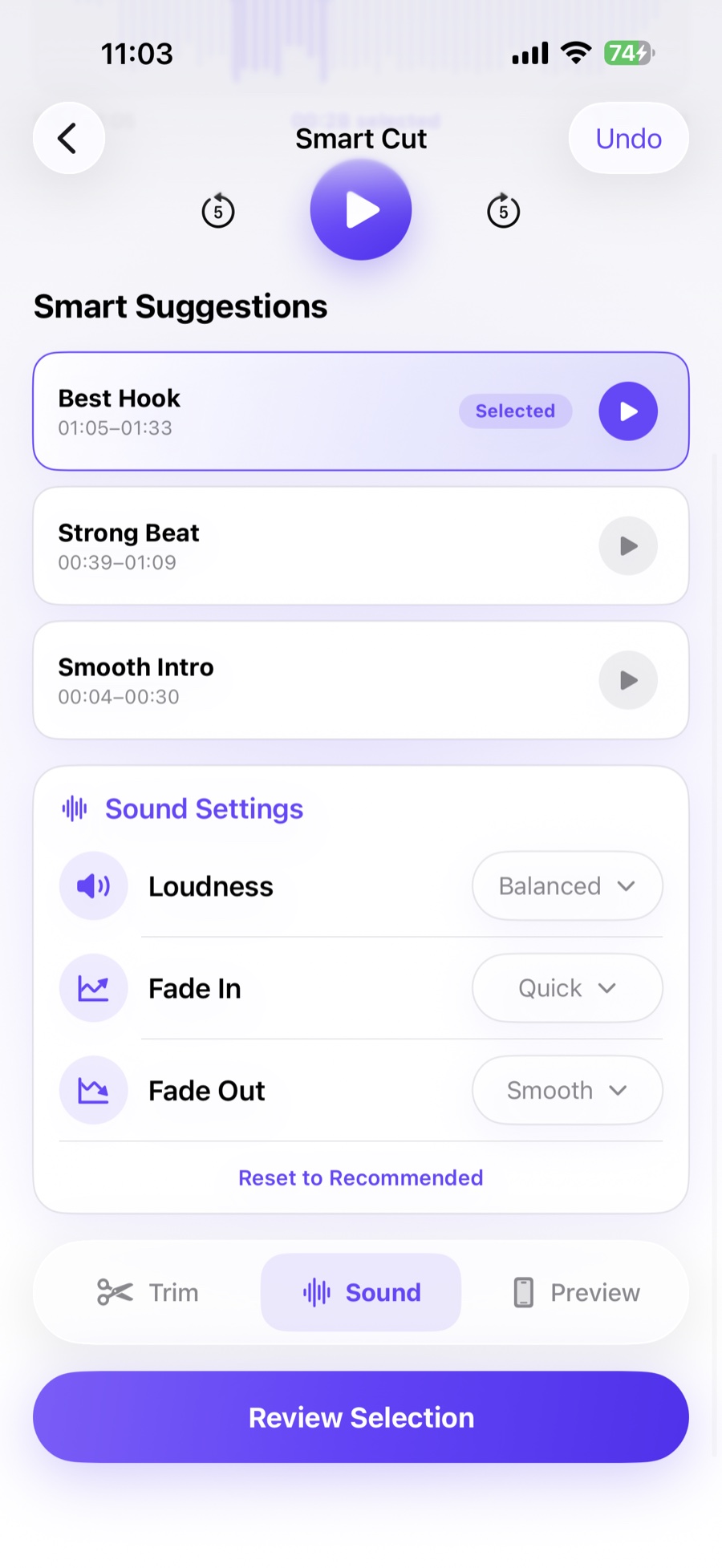 Ringora sound settings for loudness, fade in, and fade out