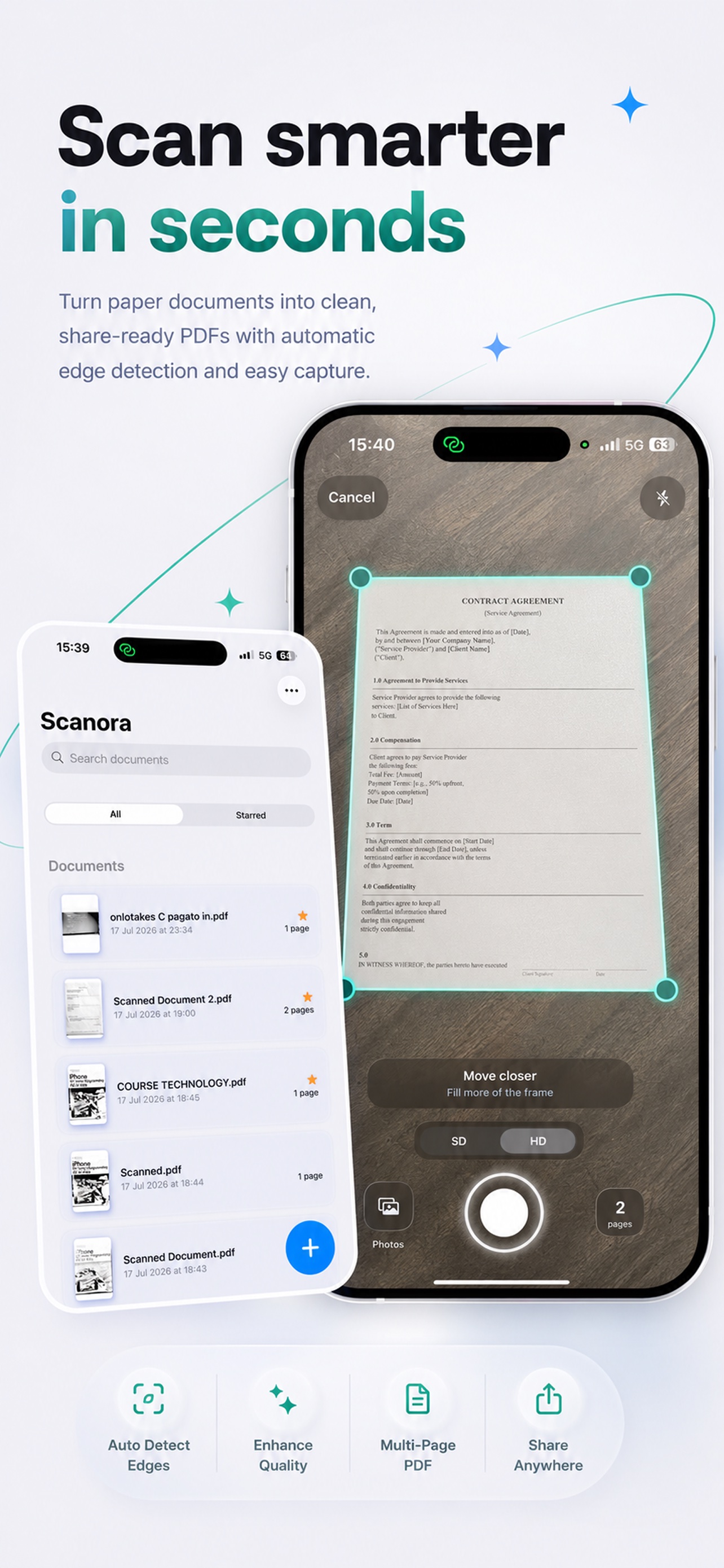 Scanora automatically detecting the edges of a contract before scanning