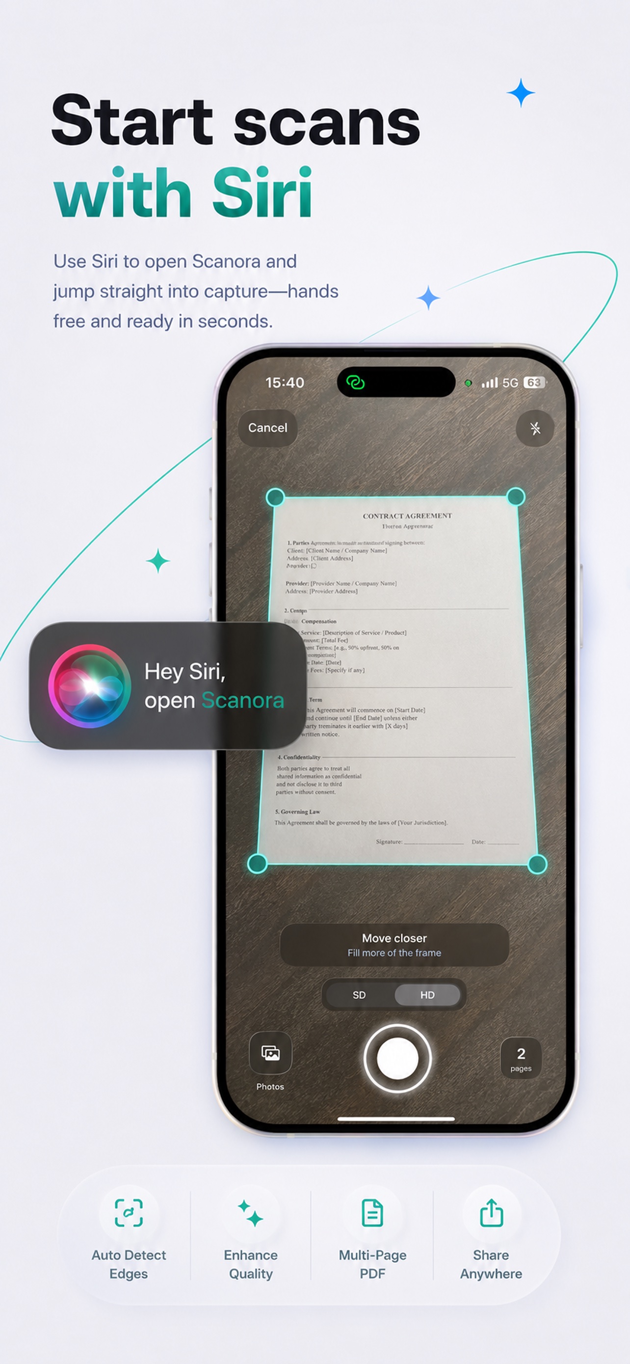 Opening Scanora with Siri and scanning a contract